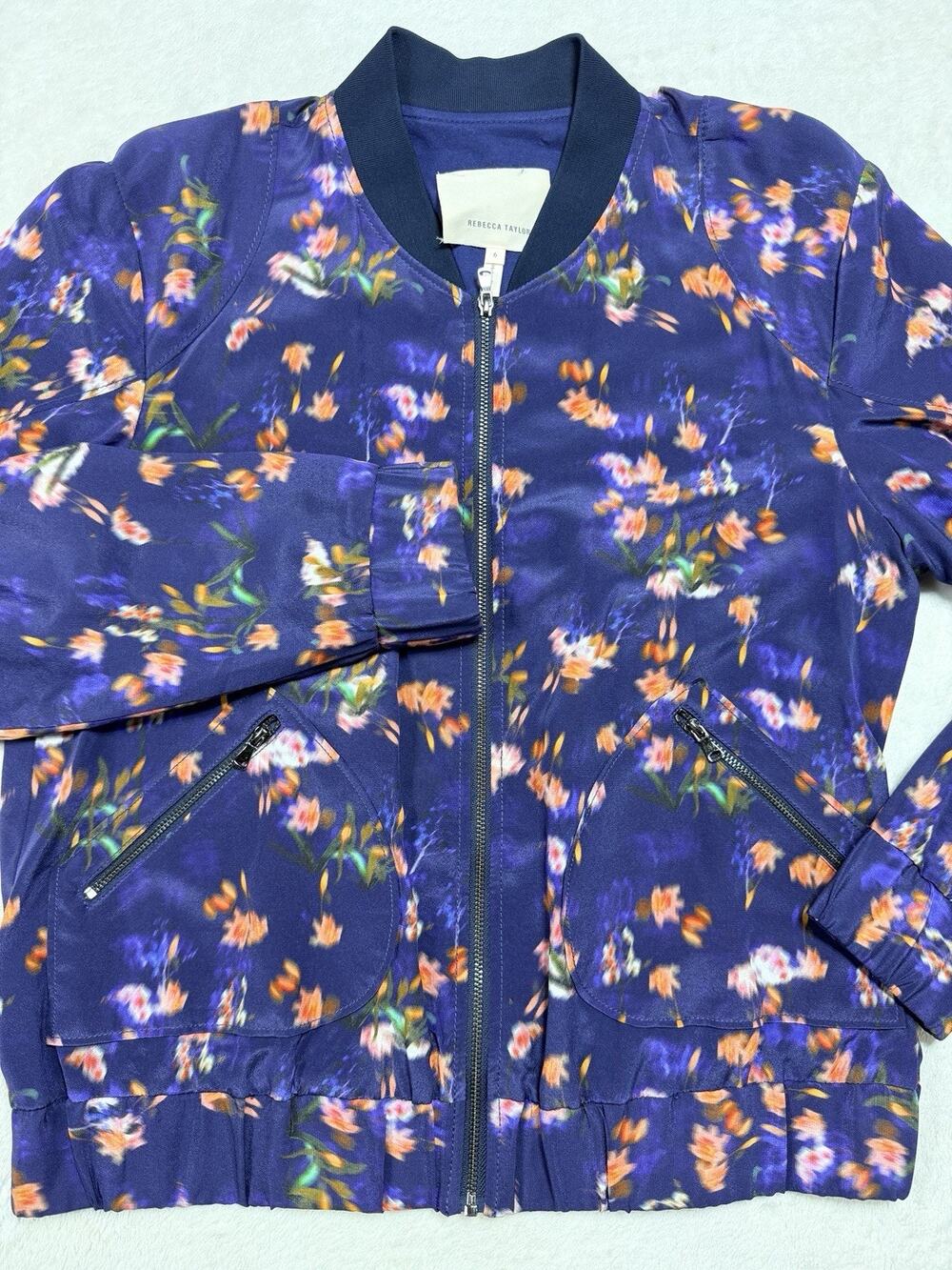Rebecca Taylor 100% Silk Floral Bomber Jacket Blue Orange Zip Pockets Sz 6 Med
